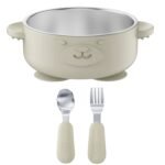 Broemba RVS baby kom met zuignap en bestek beige