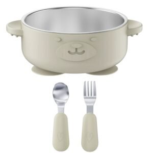 Broemba RVS baby kom met zuignap en bestek beige