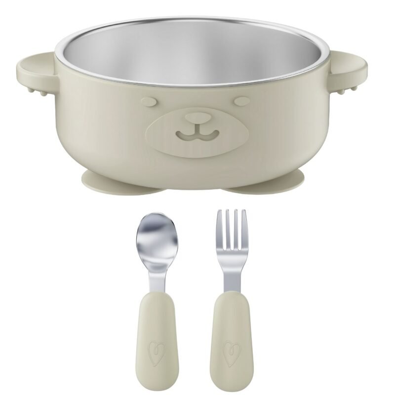 Broemba RVS baby kom met zuignap en bestek beige