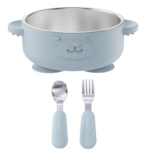 Broemba RVS baby kom met zuignap en bestek blauw