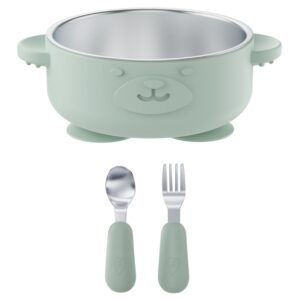 Broemba RVS baby kom met zuignap en bestek groen