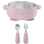 Broemba RVS baby kom met zuignap en bestek roze