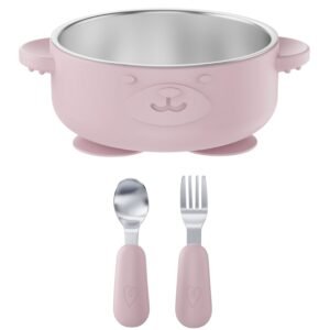Broemba RVS baby kom met zuignap en bestek roze