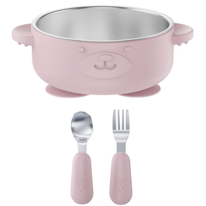 Broemba RVS baby kom met zuignap en bestek roze