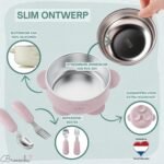 Broemba RVS baby kom met zuignap en bestek roze
